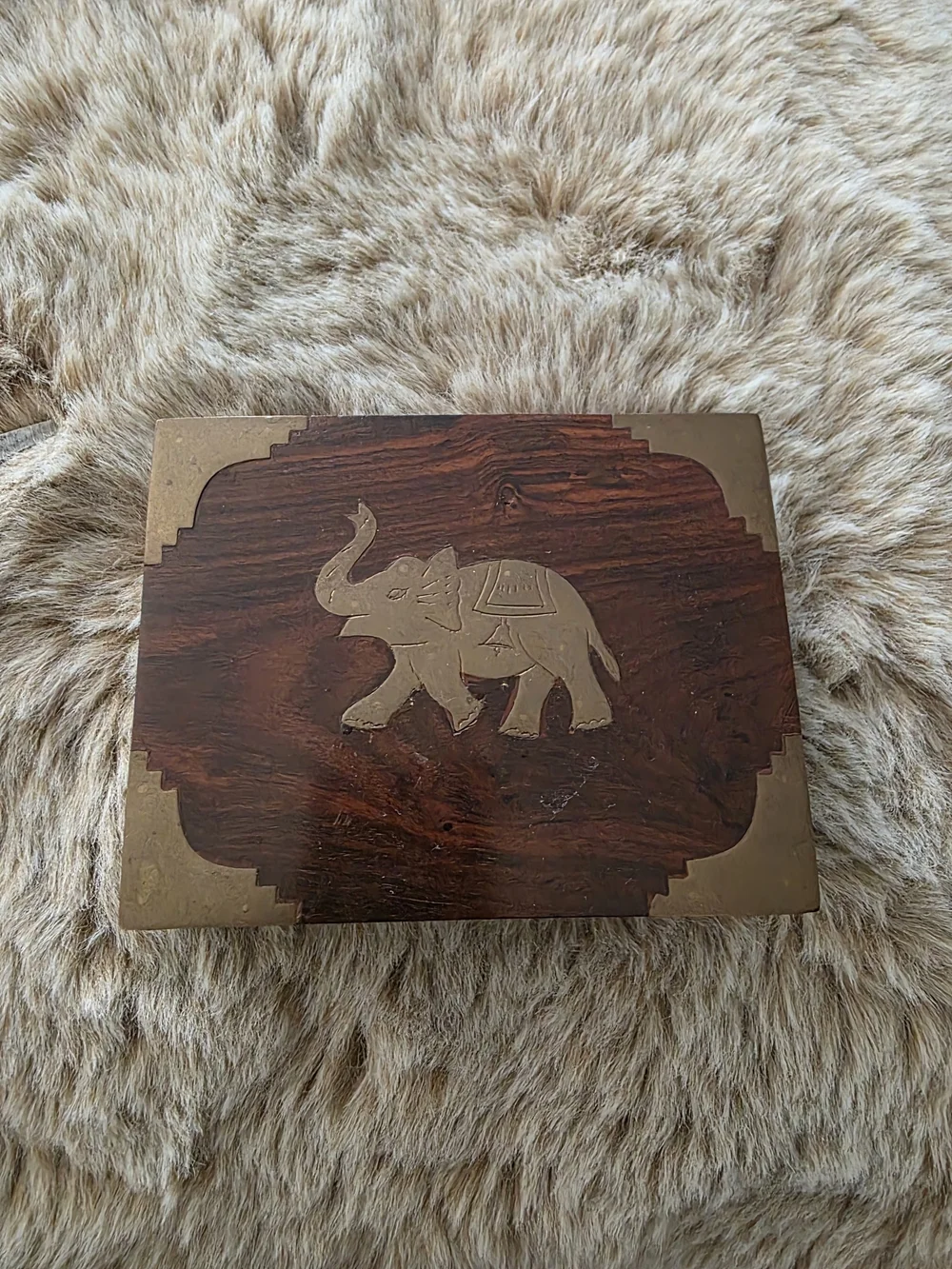 Handcrafted Wood & Brass Elephant Jewelry Box - Brown